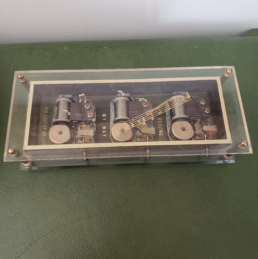 Vintage Sankyo Display Clear Acrylic Music Box with Triple Mechanisms Love Songs